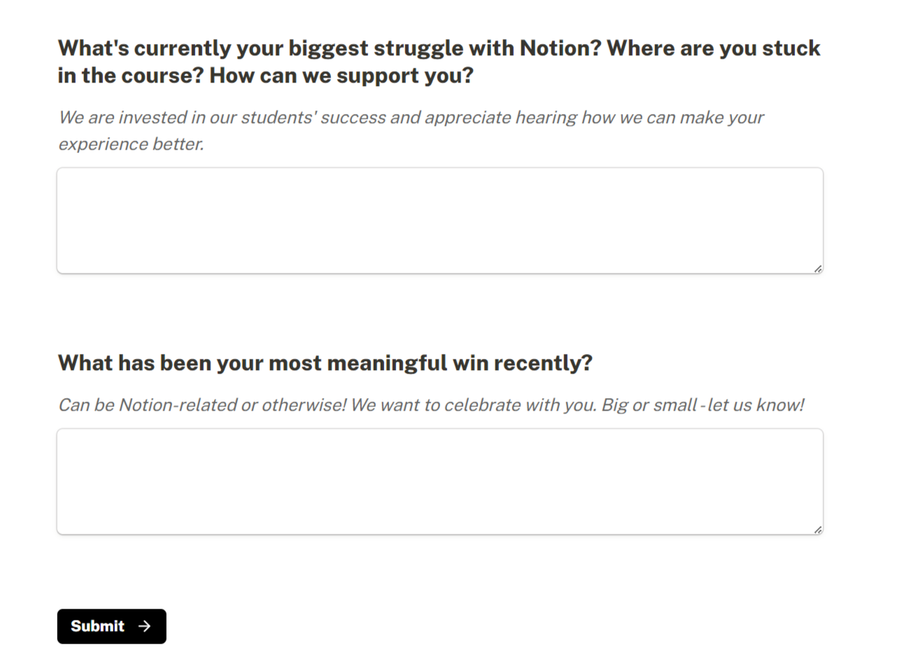 The simple check in form we use to collect feedback from our students.