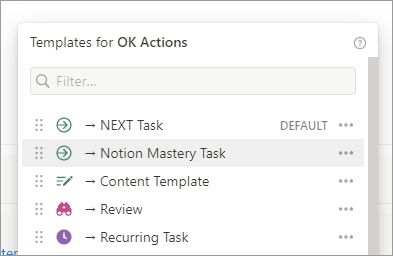 A list of templates from our Actions database in Notion.