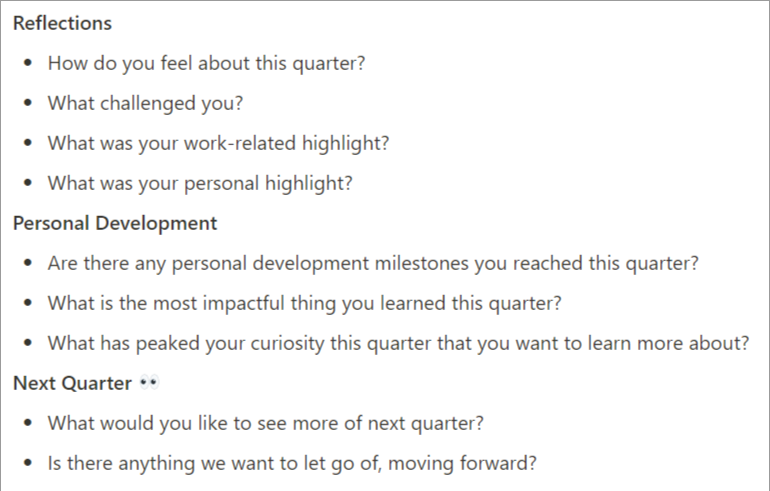 The questions our team reflects on together at the end of a quarter.