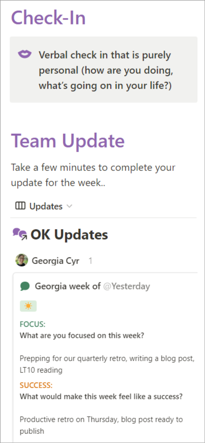 A snapshot of our team sync check-in.