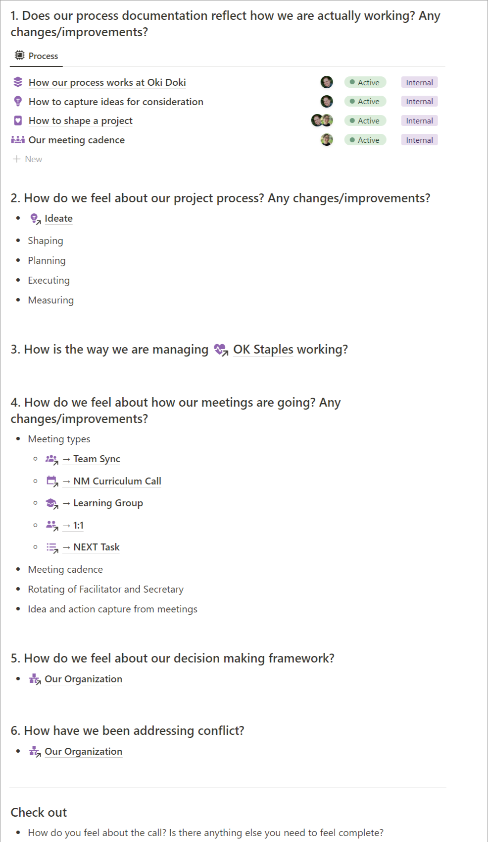 Our Process Check-In meeting agenda.