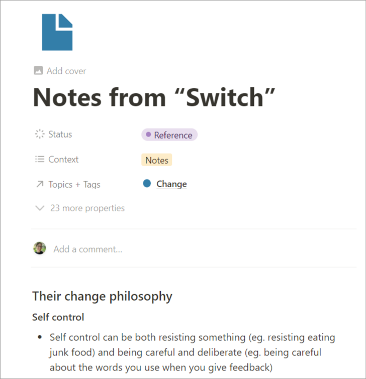 An example of notes I took and shared in our Notes + Ideas database when I read the book, Switch: how to change when change is hard.