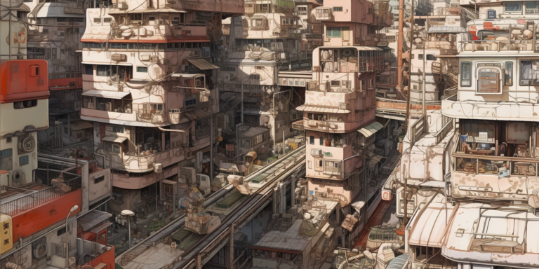 An illustrated city in a subdued monotone color, with complex buildings