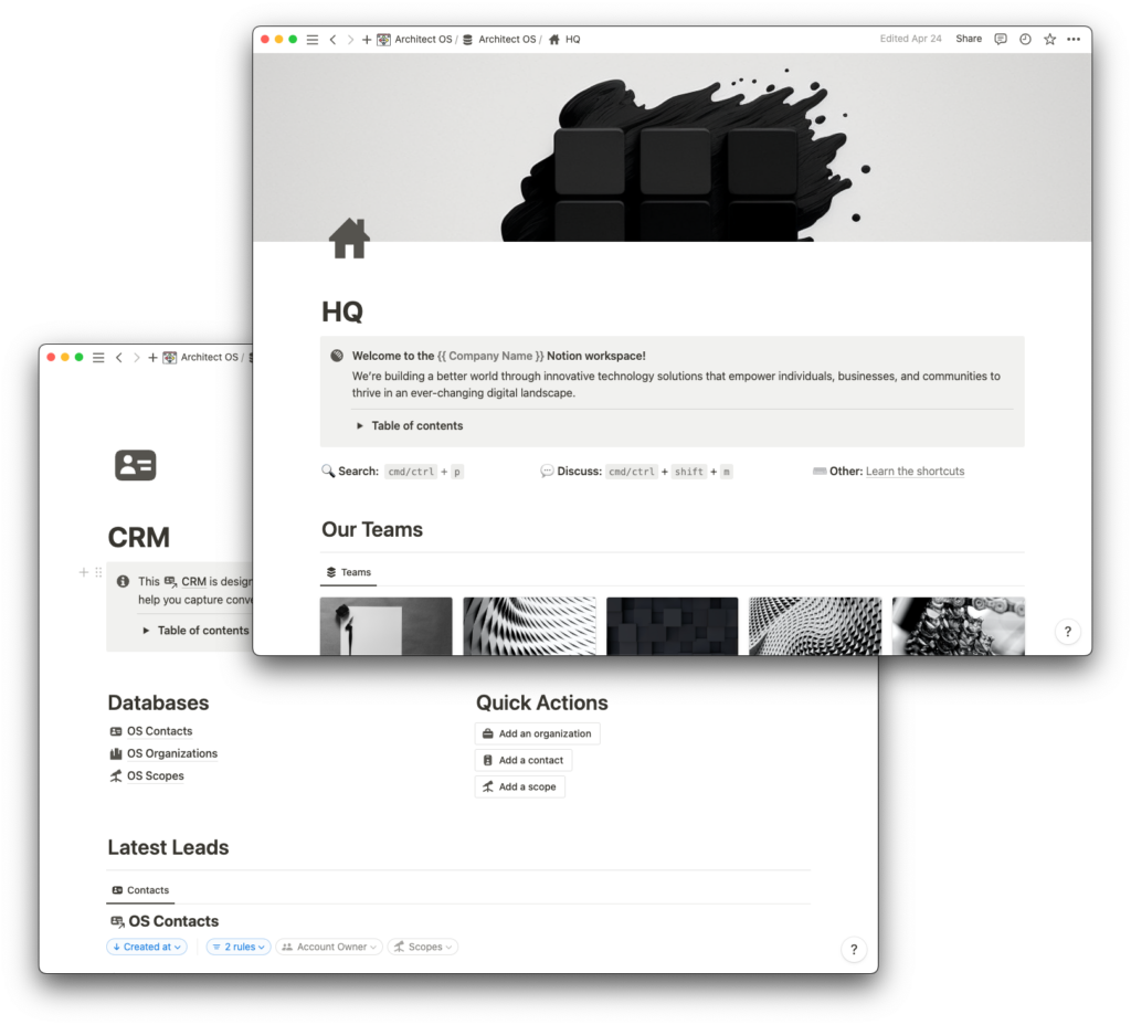 Examples of Architect OS Notion workspace