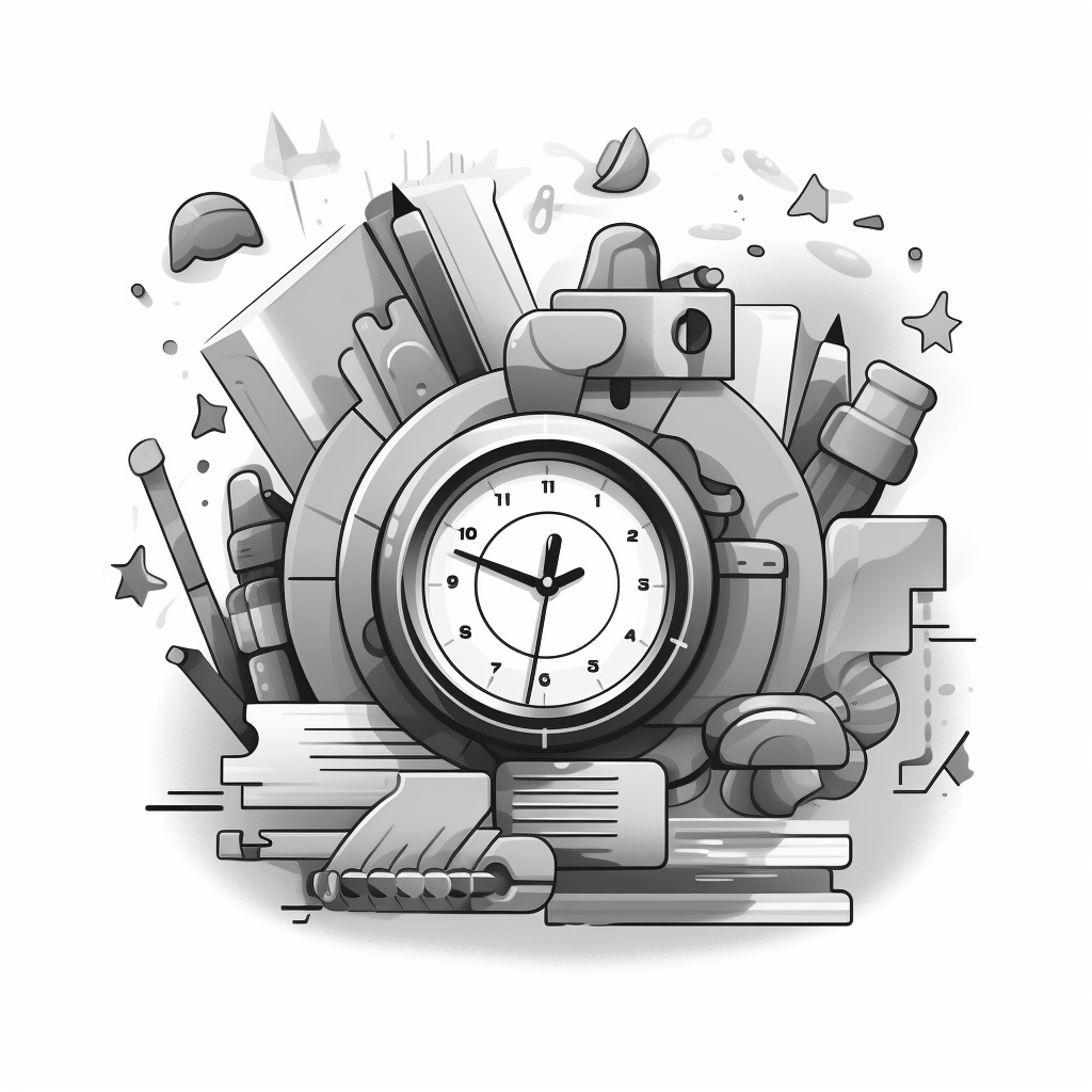 Black and white illustration of a clock with chaos happening around it
