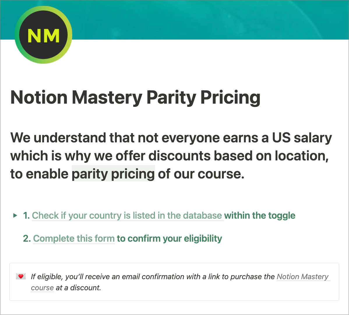 The Notion page we share with information about parity pricing.