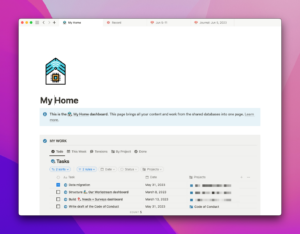 A Notion page with "My Home" and a linked database of Tasks