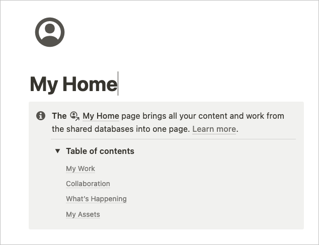 A My Home dashboard in Notion showing the table of contents