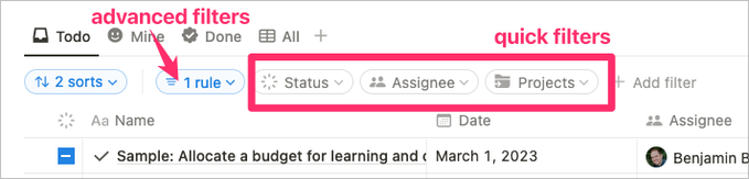 Notion filters bar showing quick filters and advanced filters