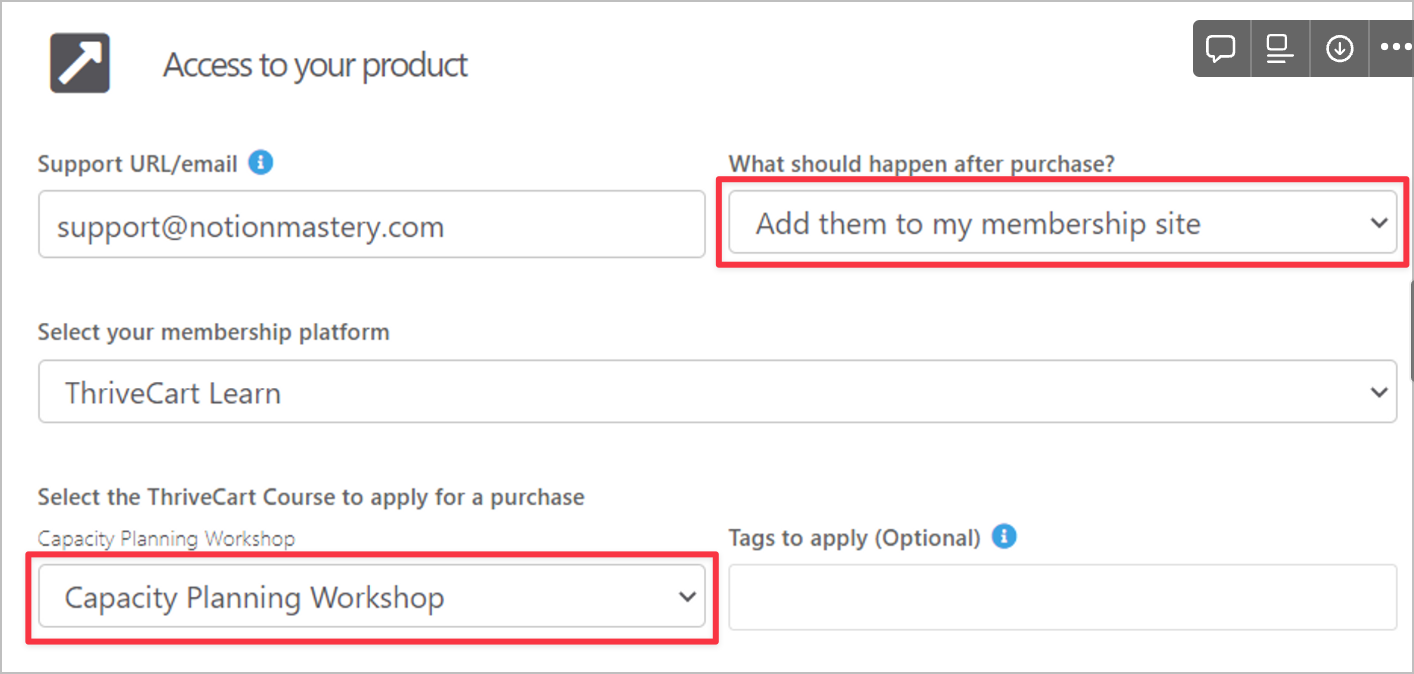 Thrivecart product settings that automatically send a new workshop registrant to their workshop dashboard login.