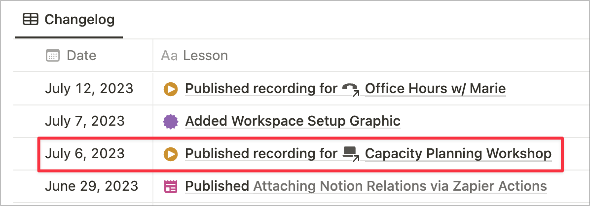 A screencap of the Notion Mastery course changelog.
