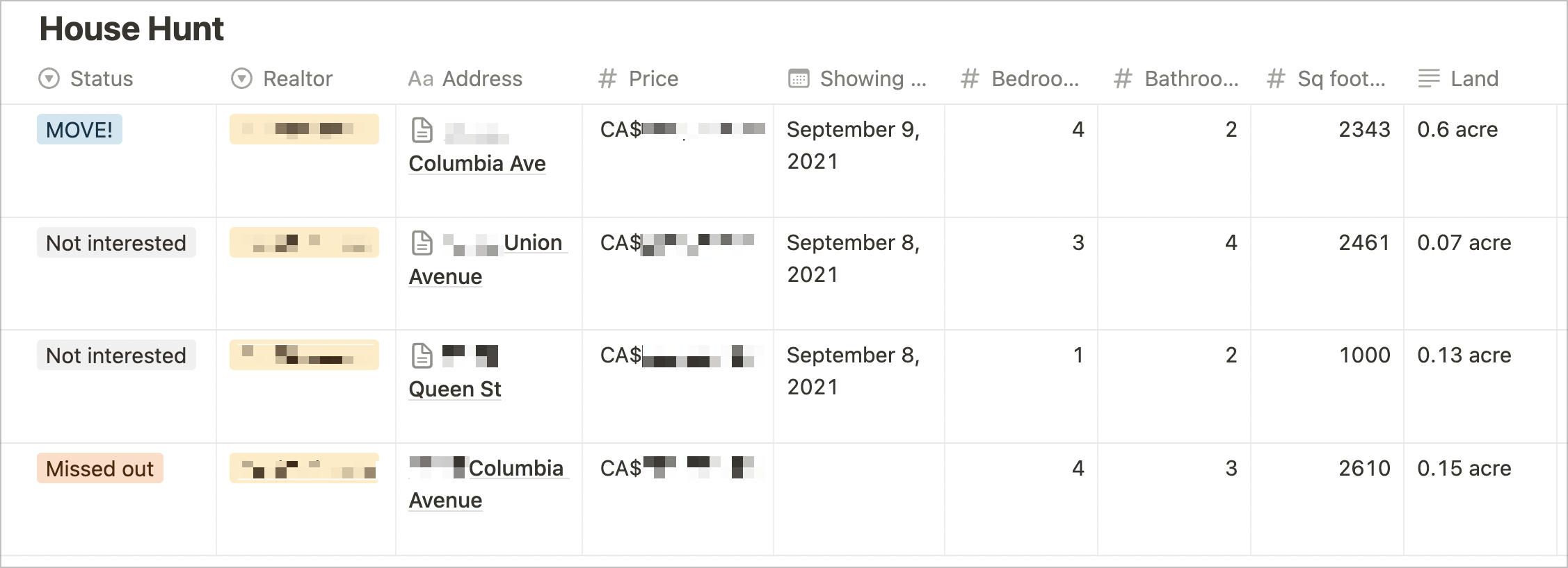 A database tracking the different houses we were looking at and considering purchasing.