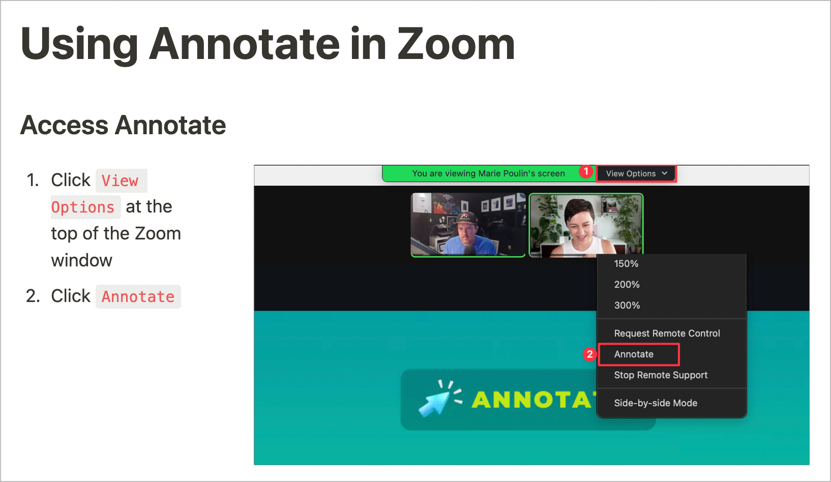 A Notion page with instructions to follow to use Annotate in Zoom.