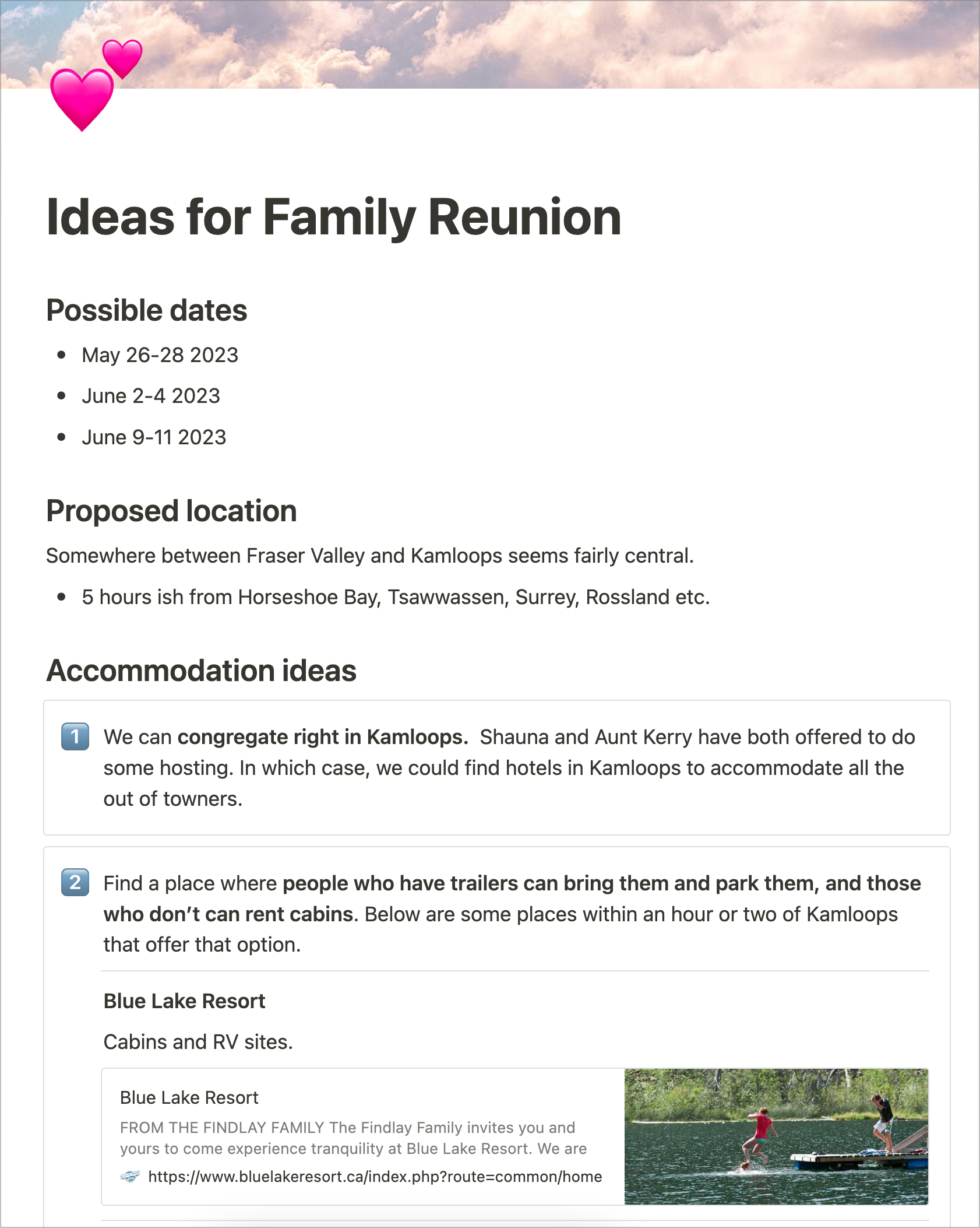 A Notion page displaying ideas for a family reunion.