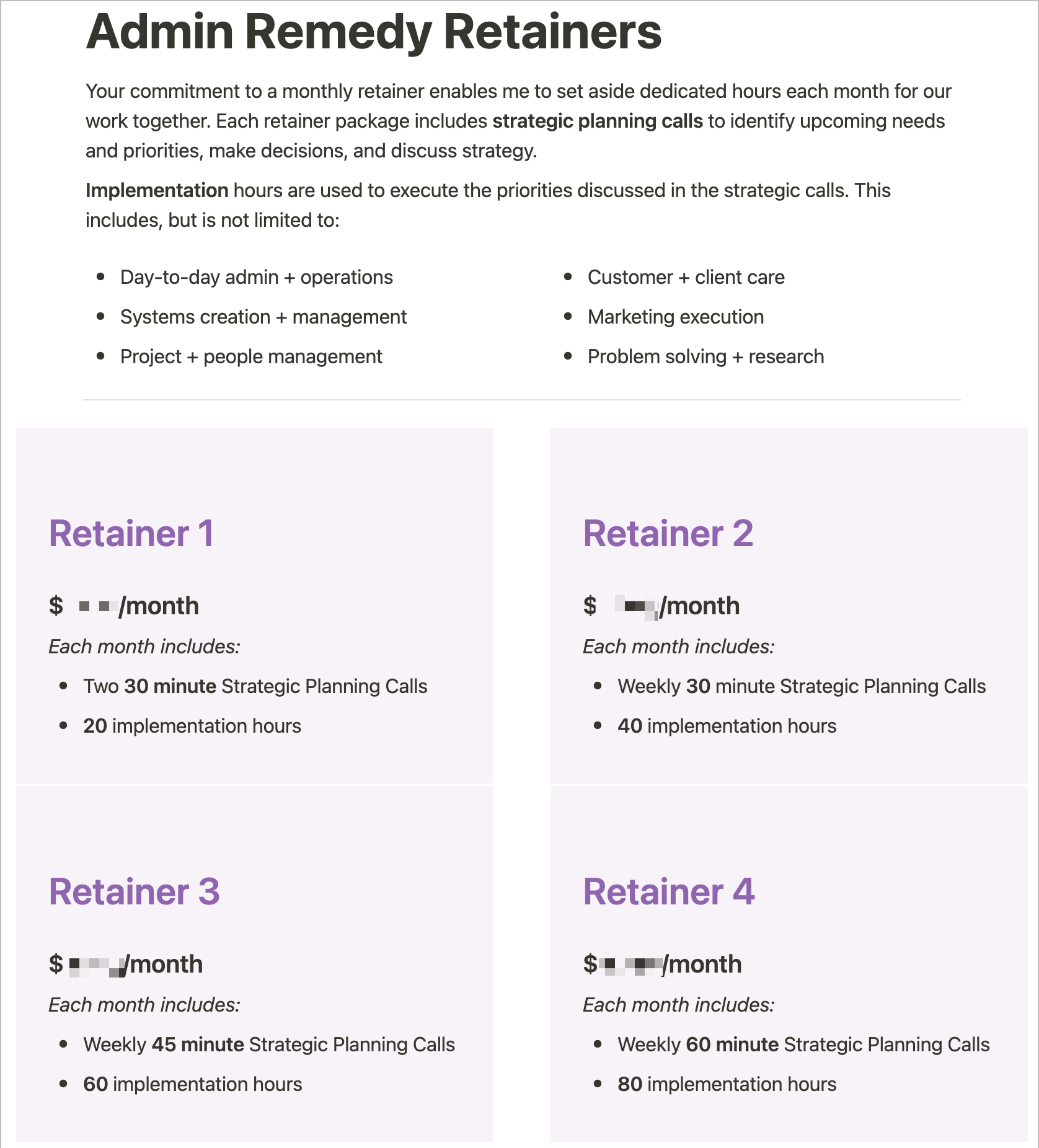A Notion page showing different retainer package options for clients.
