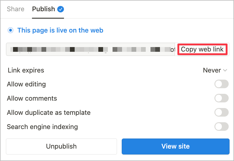 Notion's publish page settings.
