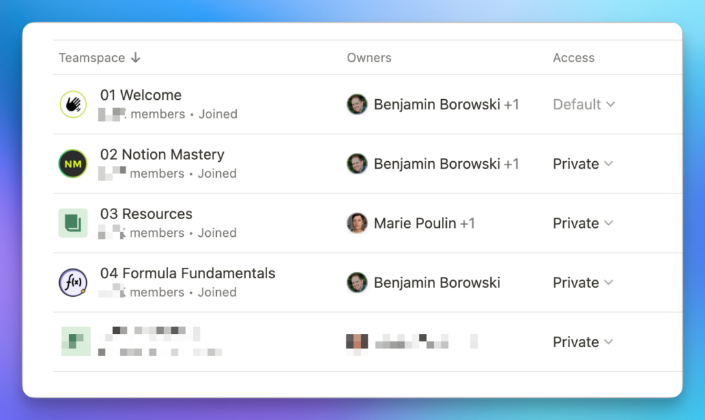 A list of 4 Teamspaces in the Teamspace configuration screen in Notion