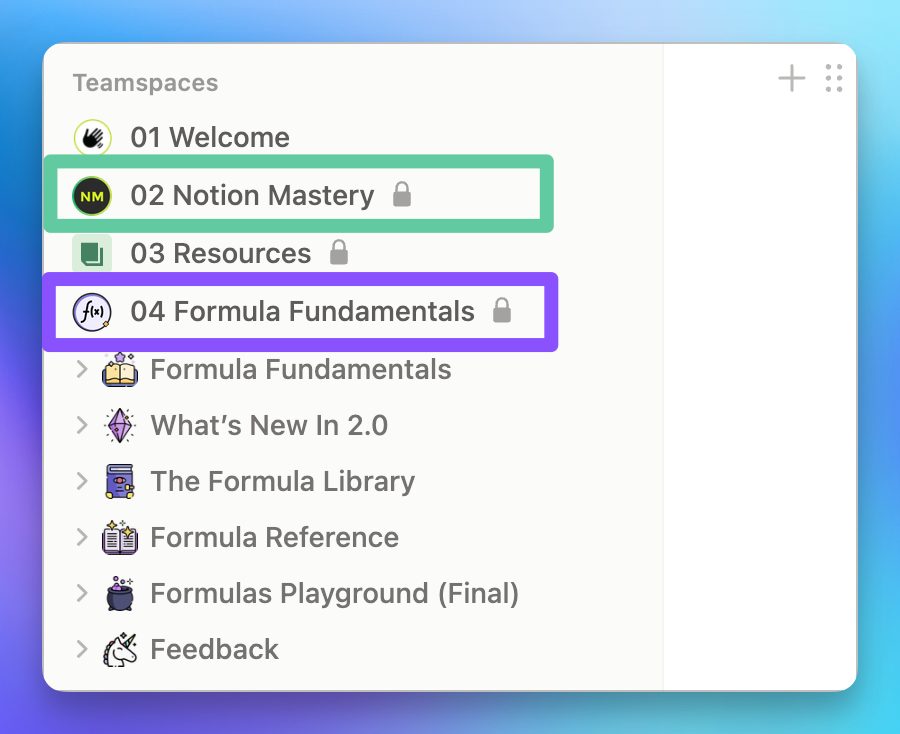 A list of Teamspaces in the Notion sidebar. "Notion Mastery" and "Formula Fundamentals" Teamspaces are highlighted.