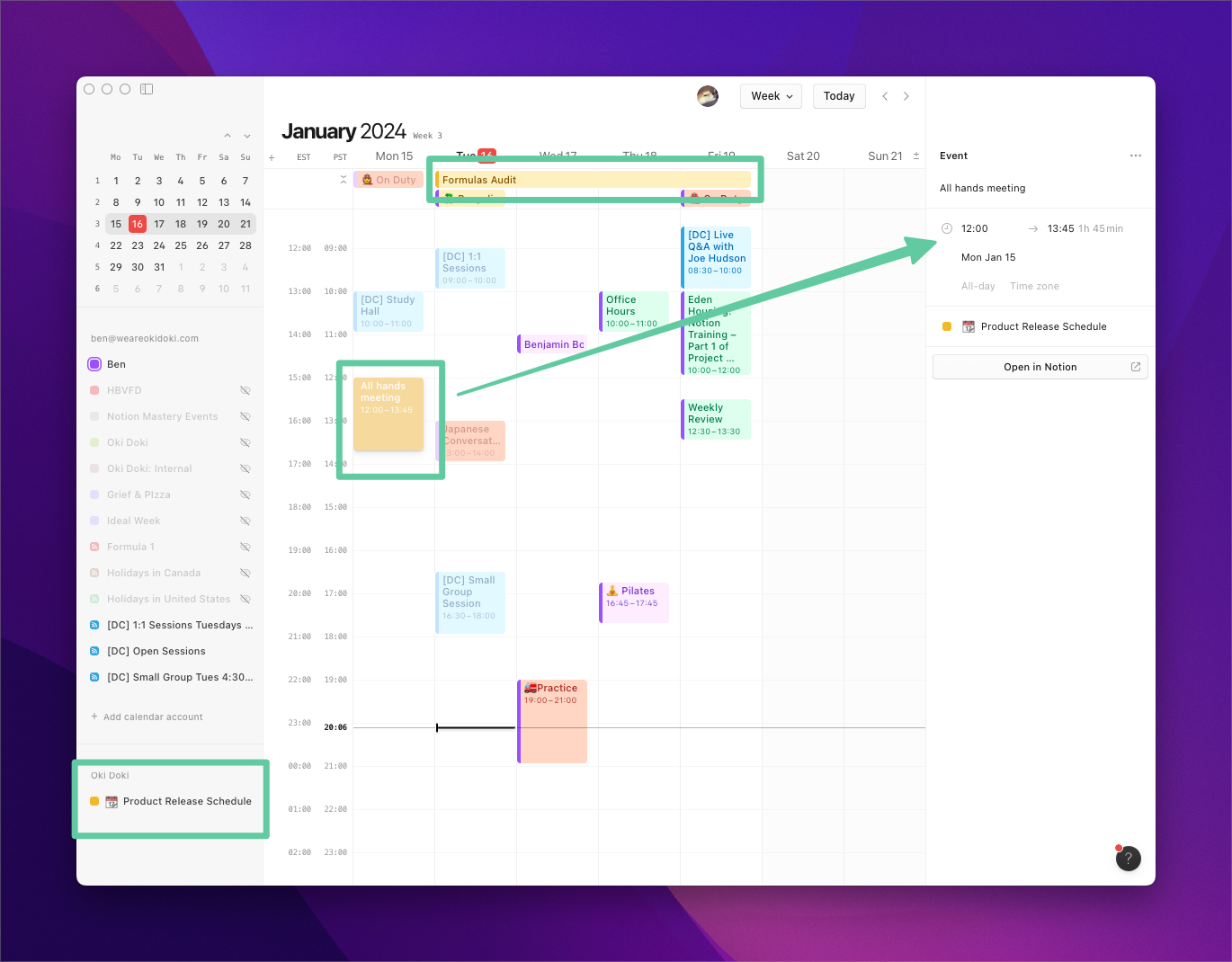 Calendar view showing Product Release Schedule database pages