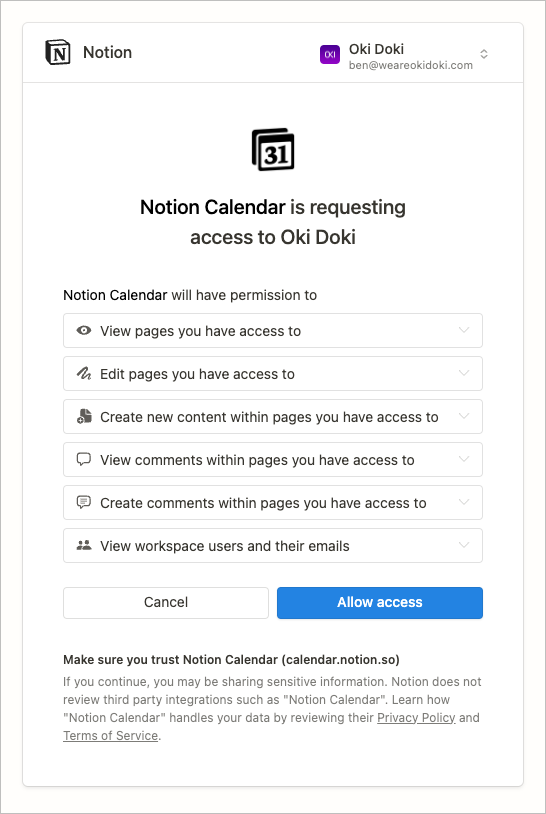 Notion Calendar is requesting access to Oki Doki