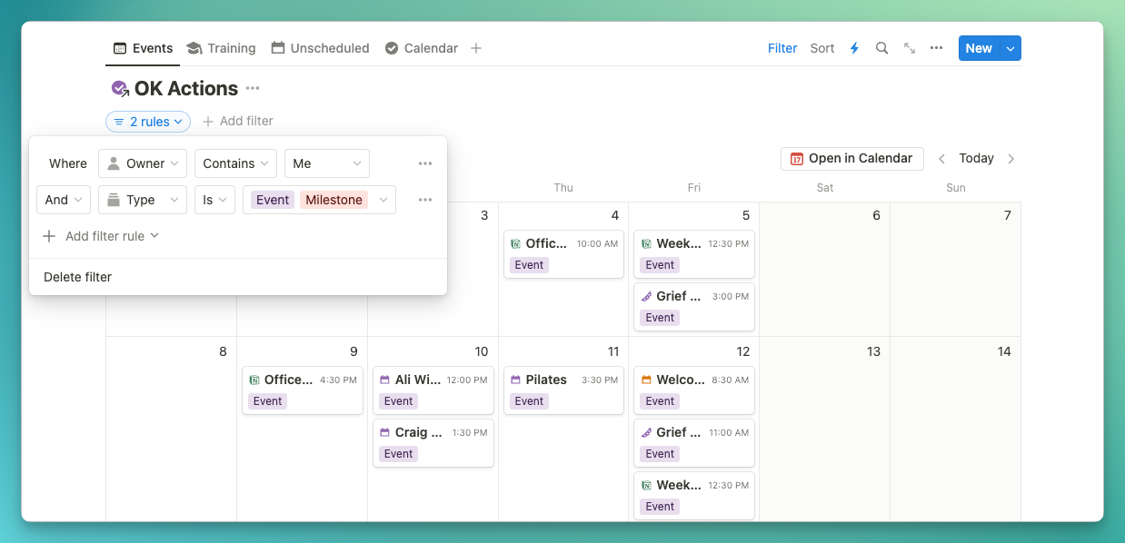 Actions calendar filtered by where Type is Event or Milestone in Notion