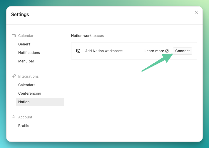 Add Notion workspace with Connect button