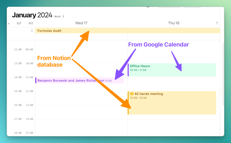 Notion Calendar with both Notion database events and Google Calendar events displayed