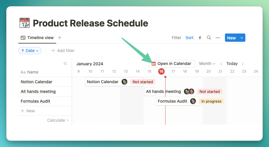 A Product Release Schedule Timeline view in Notion showing the new "Open in Calendar" button