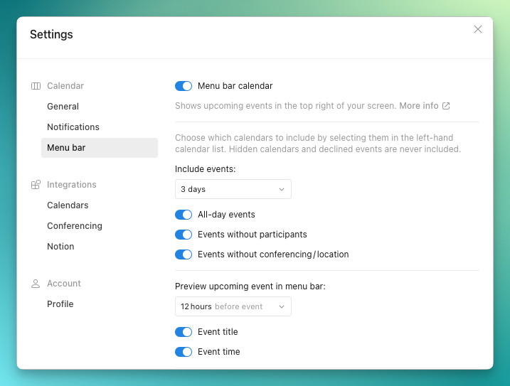 Menu bar settings menu in Notion Calendar