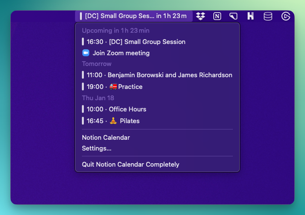 Menu bar calendar showing my upcoming events for the next three days in the menu bar on macOS