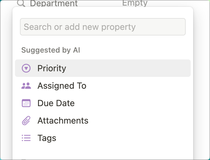 Suggested by AI menu showing suggested properties to add to a Notion database