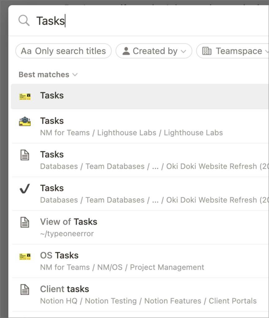 Notion's global search with a bunch of "Tasks" databases shown in the results.