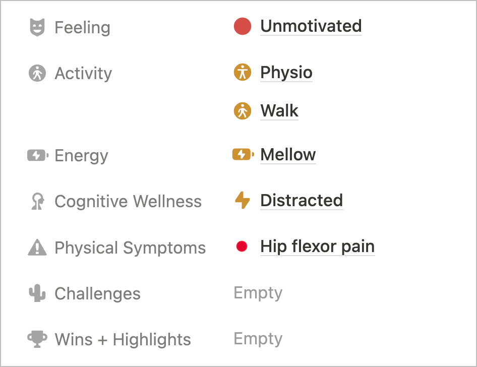 Notion journal pain symptom tracking