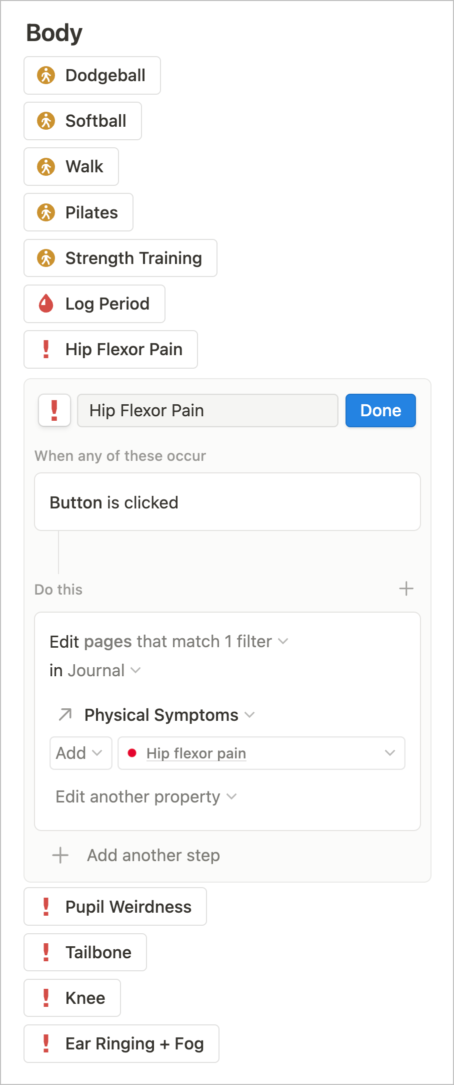 Notion buttons pain symptom tracking log