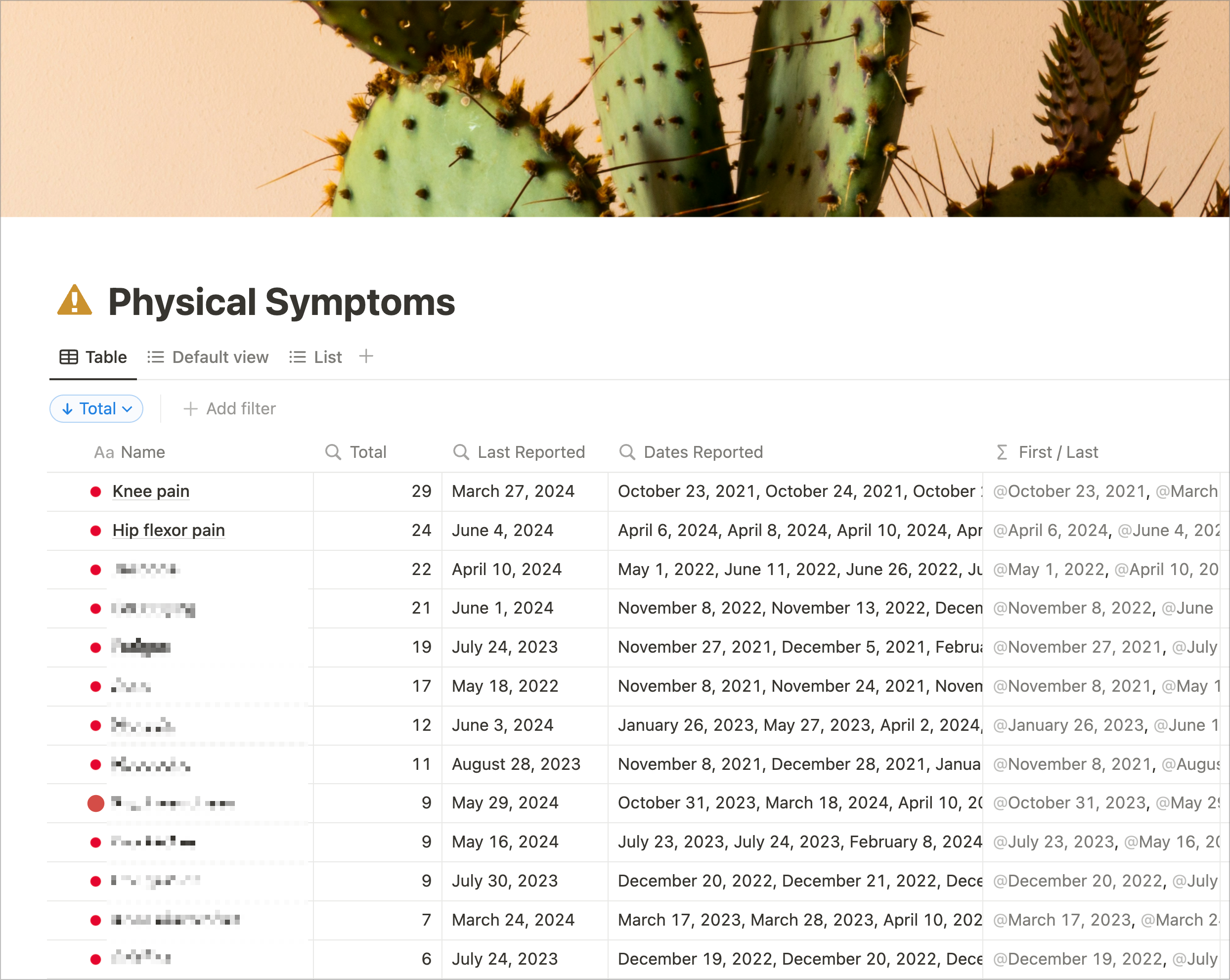 Notion symptom database for pain and symptom tracking