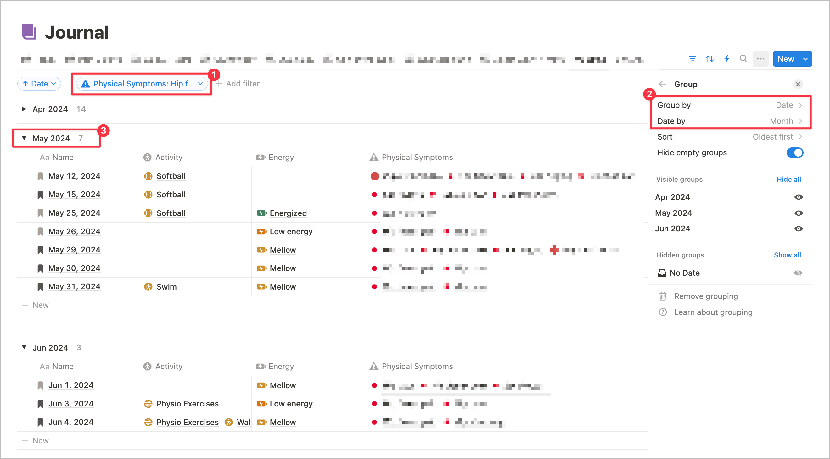 Notion journal database with visible symptoms for pain tracking