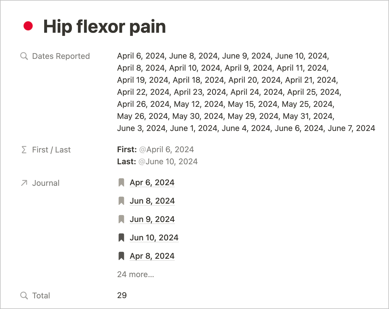 Notion symptom database for pain logging