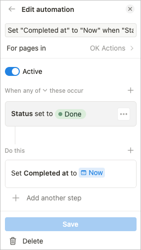 Set Completed at date to Now when Status is set to Done