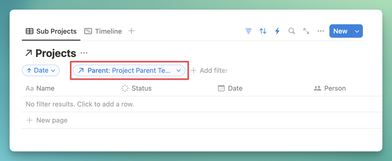 notion interface showing a linked database filtered to the project self relation.