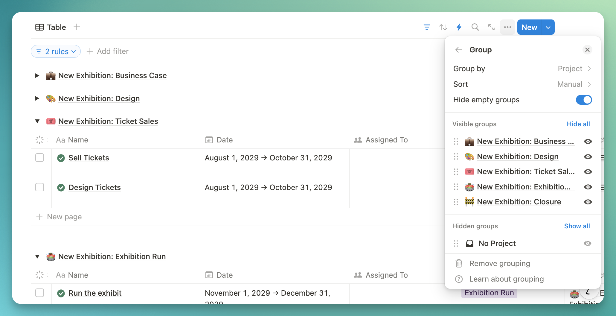 notion interface, linked database of projects grouped by project relation.