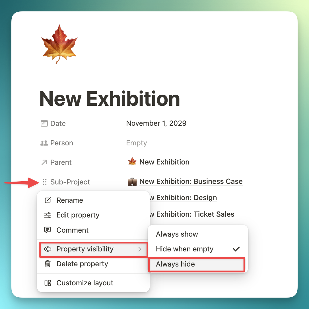 Notion interface highlighting how to hide relations through property visibility menu