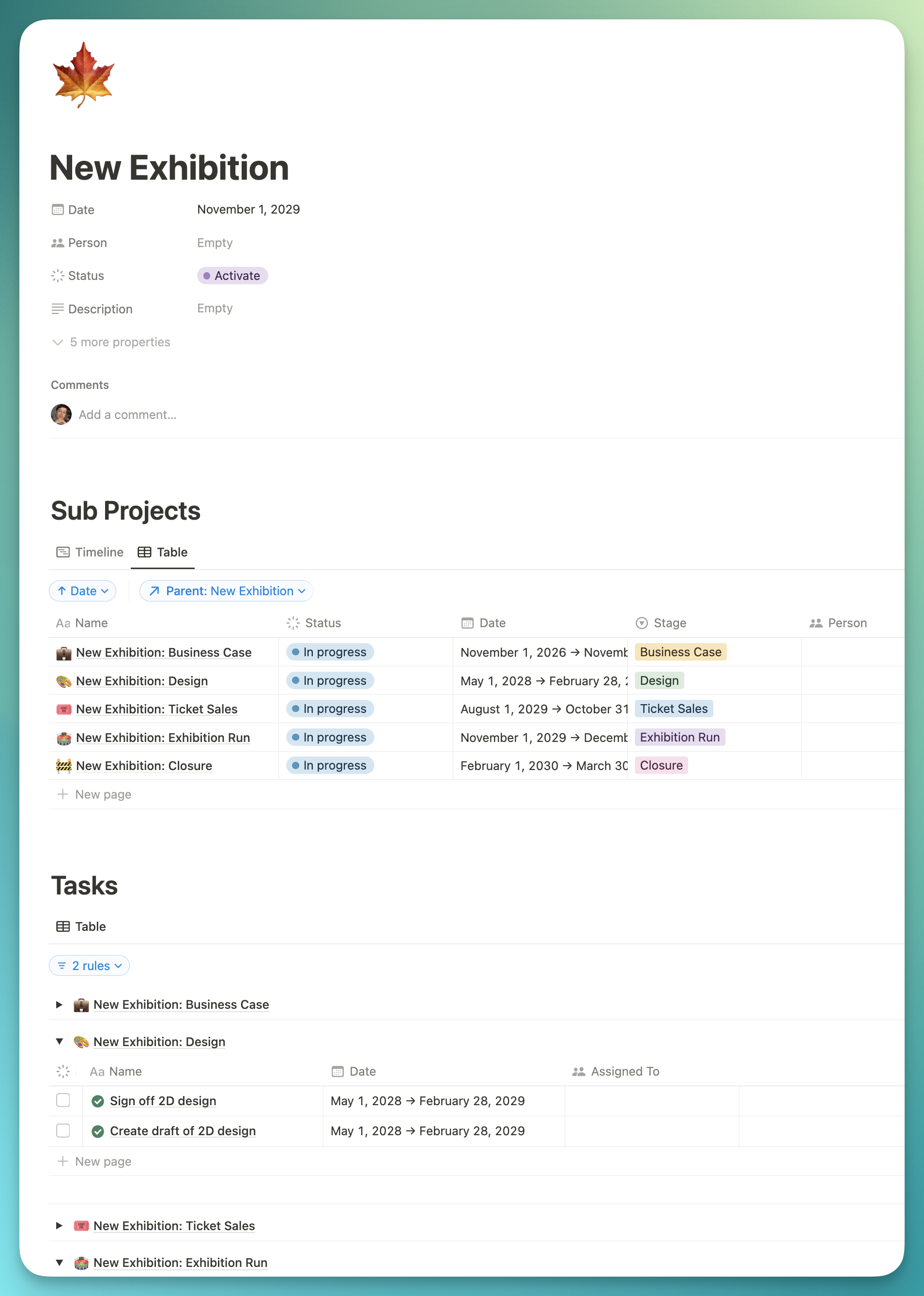 simple Notion project dashboard containing sub projects and tasks