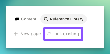 Content menu with options to add a new page or link existing content. The "Link existing" button is highlighted in purple.