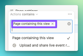 Page settings dropdown with search field containing "Page containing this view" with a checkmark indicating selection.