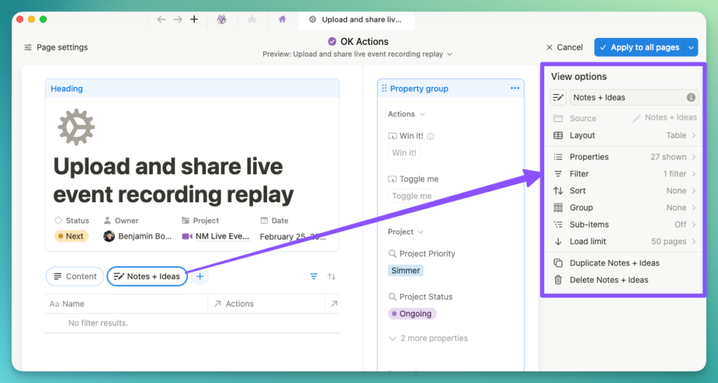 Page settings interface for "Upload and share live event recording replay" with gear icon, page preview, and view options panel highlighting Notes + Ideas configuration with filter, sort, and layout settings.