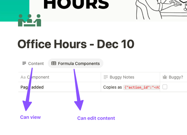 Notion interface with purple arrows pointing to "Can view" and "Can edit content" permission options.