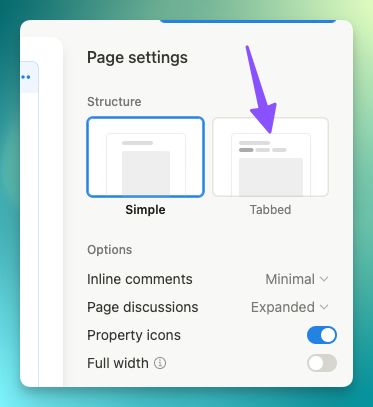 Page settings panel showing structure options with Simple and Tabbed layouts, with a purple arrow pointing to the Tabbed option.