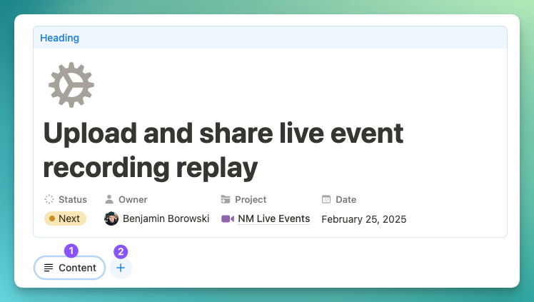  Page heading for "Upload and share live event recording replay" with numbered tabs below showing Content (1) and Add tab (2) options.