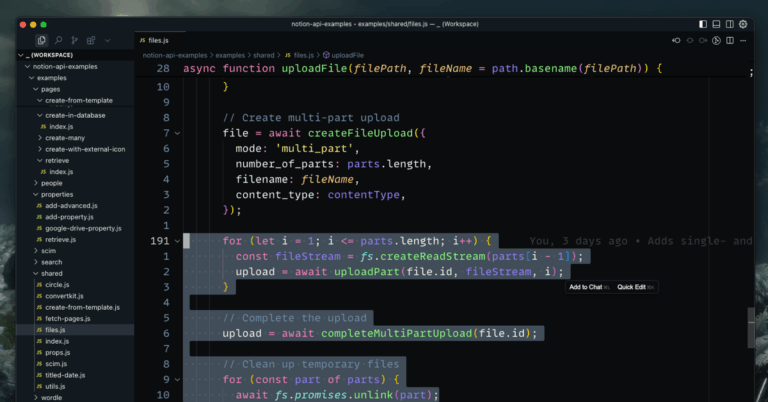 File upload code for Notion API in Cursor editor